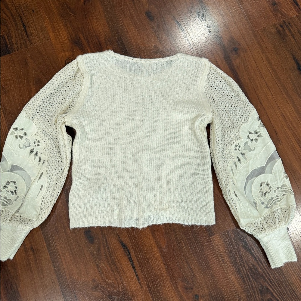 Anthropologie women's Eyelet Lace Sweater Ivory XS balloon embroidered sleeves - Picture 14 of 14